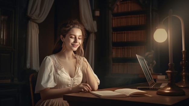 Lachende vrouw met laptop en boek die werkt voor een bedrijf in een bibliotheek Generatieve AI AIG21