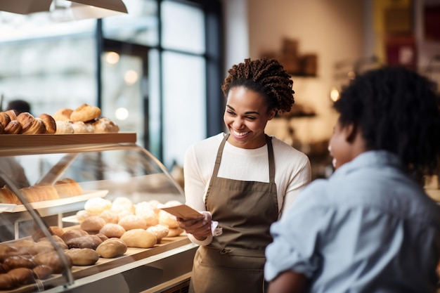 Lachende vrouw met schort die achter de vitrine van de bakkerij staat