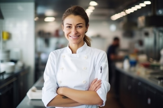 lachende vrouwelijke chef-kok in een keuken