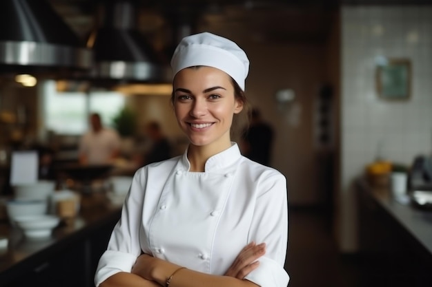 lachende vrouwelijke chef-kok in een keuken