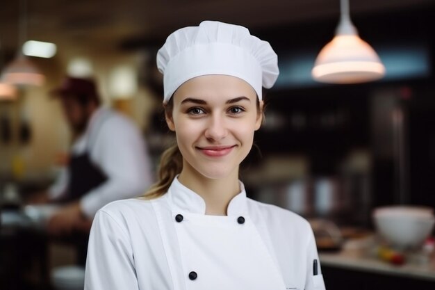 lachende vrouwelijke chef-kok in een keuken