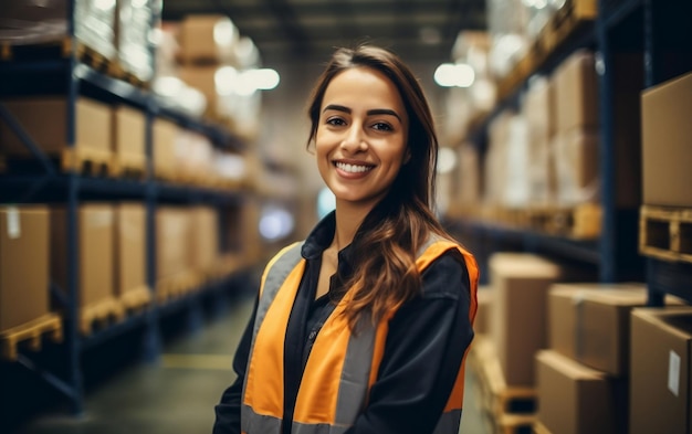 Lachende vrouwelijke magazijnmedewerker close-up portret generatieve AI