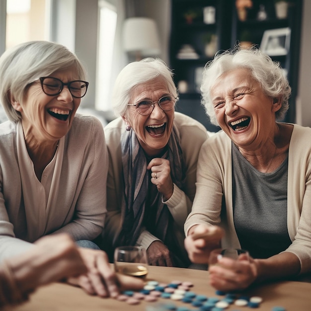 Lachende vrouwen en oudere vrienden op een bank die samen spelletjes spelen in de woonkamer van een huis