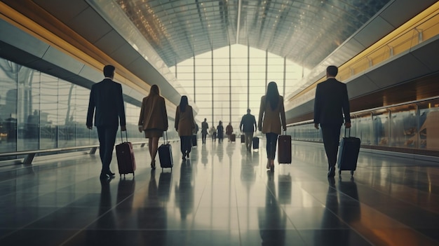 Lachende zakenlieden en dames die bagage dragen, bewegen zich door de Generative AI van de luchthaven