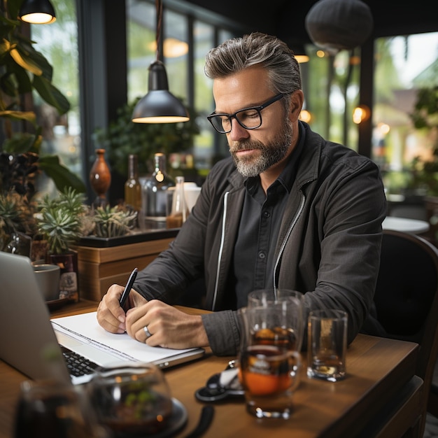 lachende zakenman in brillen zittend aan tafel in café met laptopcomputer tijdens het gebruik van smar