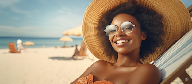 Lachende zwarte vrouw in zonnebril genieten van vakantie op het strand zonnebaden met Kopieer ruimte