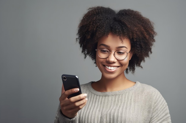 Lachende zwarte vrouw met behulp van smartphone