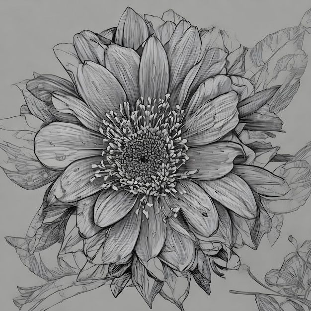 lack and white drawing of a flower