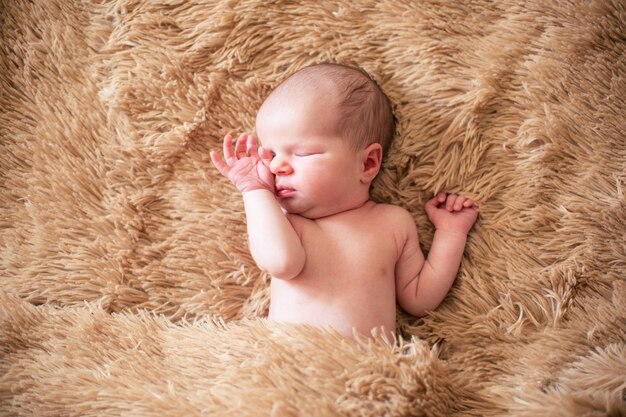 Laconiek beeld van kleine babyplaatsen op pluizig oppervlak, verborgen ogen sluiten en het gezicht aanraken