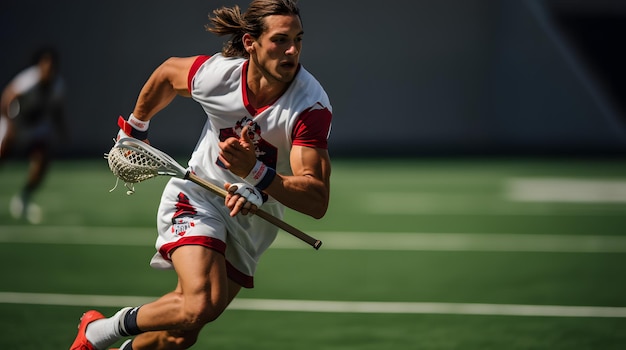 Lacrosse player making a fast break during a college game