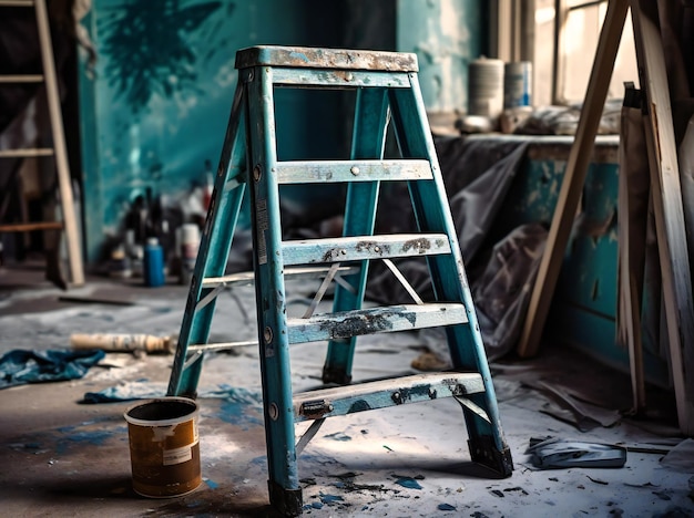 A ladder being used to paint a room