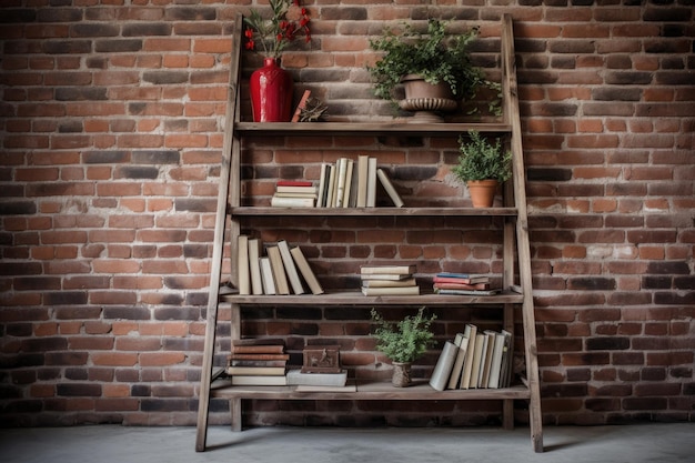 Ladder bookshelf against a rustic brick wall