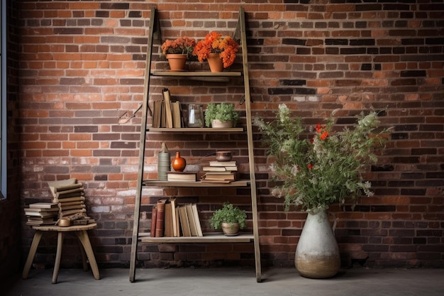 Ladder bookshelf against rustic brick wall