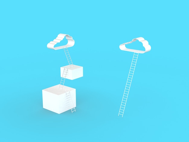 Ladder to clouds. compare three step and one step to goal\
success, isolated on light blue wall, illustration minimalistic\
design competition concept. 3d rendering.