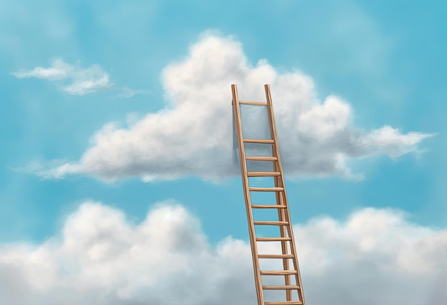 a ladder is placed beside a blue sky with clouds in the style of photorealistic painting