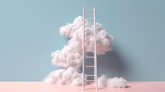 A ladder is surrounded by clouds and the sky is blue.