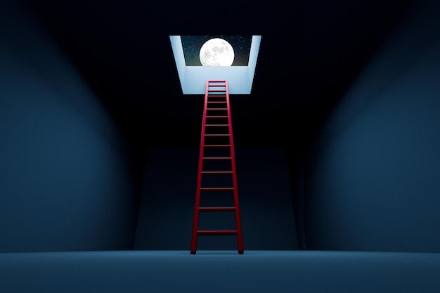 Photo ladder leading to a night sky, ladder to freedom concept, 3d rendering