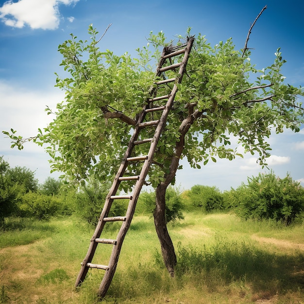 A ladder leaning against a tree is used to pluck ripe fruit from the upper branches