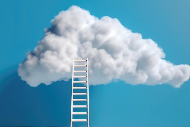 Ladder onder een witte pluizige wolk op blauwe achtergrond AI gegenereerd