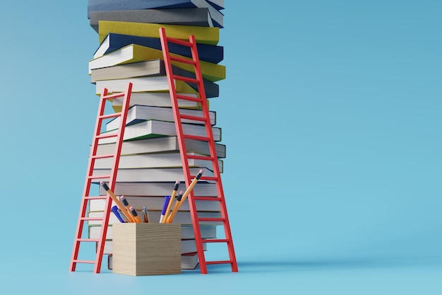 Ladder on pile of books and pencil 3d rendering