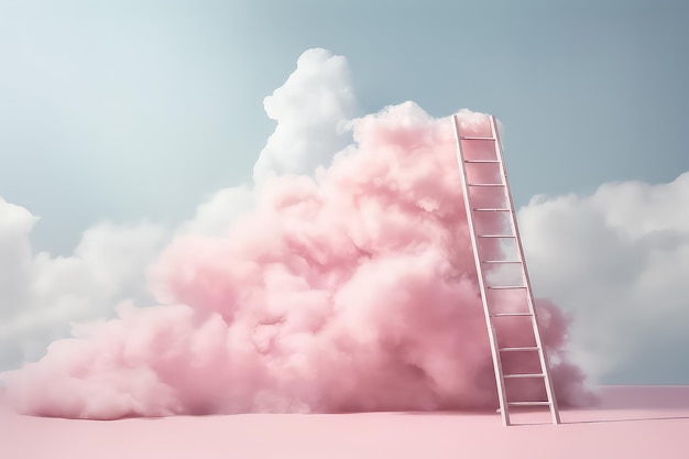 Ladder reikt naar een wolk op een roze achtergrond