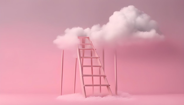 Лестница к небу с облаком изолированным с розовым фоном
