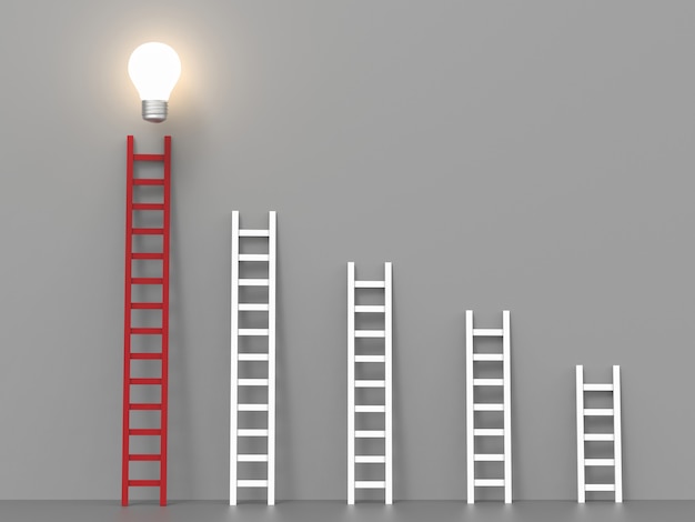 Ladder to success concept with red ladder and idea light bulb