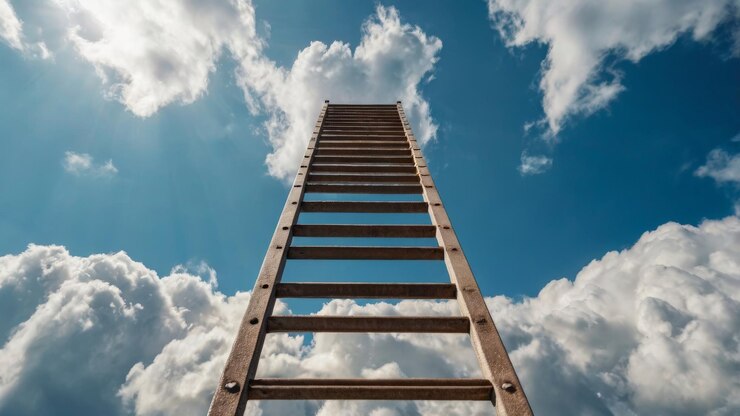 Photo a ladder that is standing in the sky with clouds in the background
