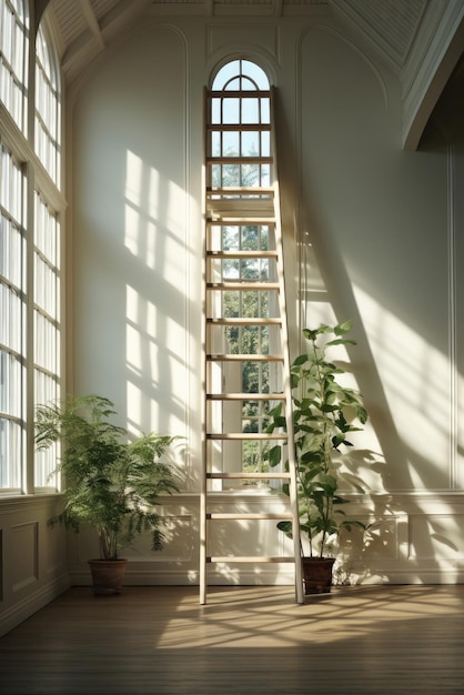 Ladder to the window in the classic interior of the room and potted plants