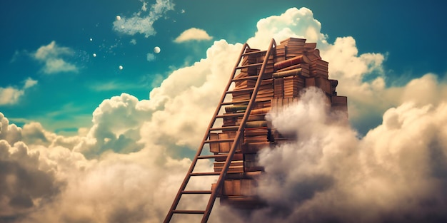 A ladder with books on it on top of clouds with blue sky