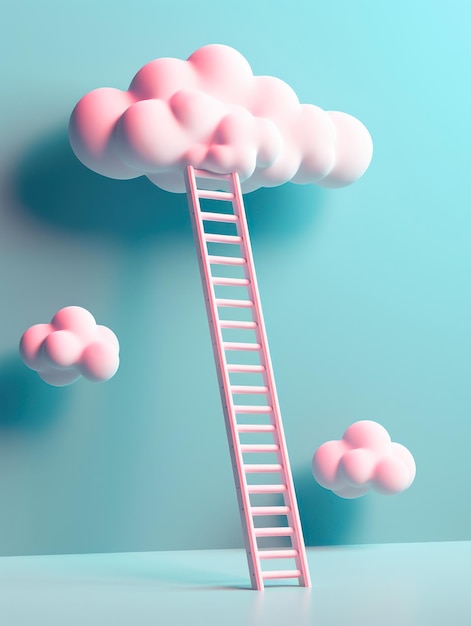 青い色の背景の上にピンクの雲が付いたはしごは、新しい目標を達成する創造的な成功とビジネスコンセプトを夢見るAI生成