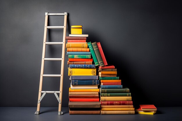 Photo a ladder with some books stacked on the top of a gray background ai generated