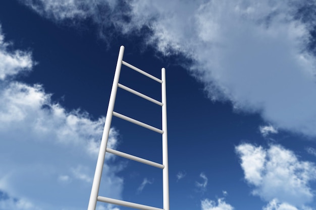 Ladders reaching into a blue sky growth future development\
concept 3d rendering