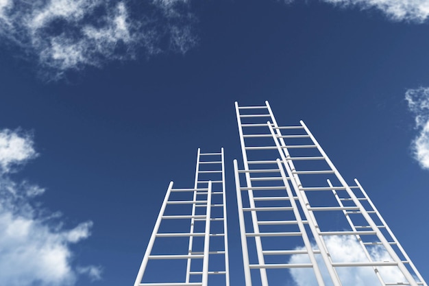 Ladders reaching into a blue sky growth future development\
concept 3d rendering