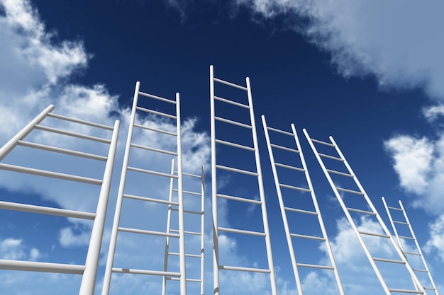 Ladders reaching into a blue sky growth future development\
concept 3d rendering