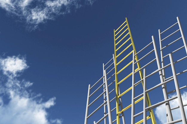 Ladders reaching into a blue sky growth future development\
concept 3d rendering