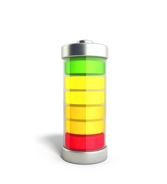 Foto laden van de batterij indicatoren van het laadniveau van de batterij op groene 3d-illustratie op wit zonder schaduw