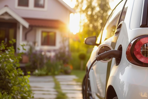 Laden van elektrische voertuigen thuis met een vervaagde achtergrond