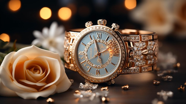 Photo ladies golden watch with watch golden box on dark blur background
