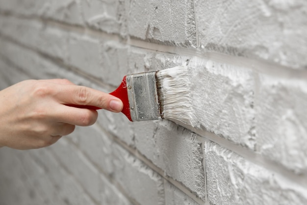 숙녀 손으로 그린 벽돌 브러시 흰 벽 리노베이션 작업 흰색 배경