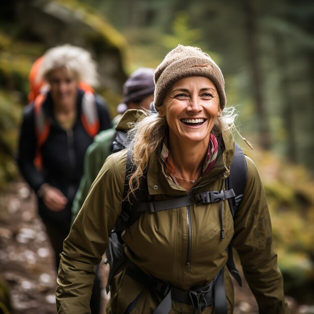 Ladies of various ages enjoying each others company on a day of trekking in the mountains Generative AI