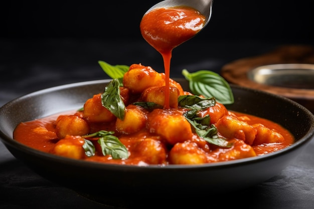 Foto un cucchiaio pieno di salsa di pomodoro versato su gnocchi