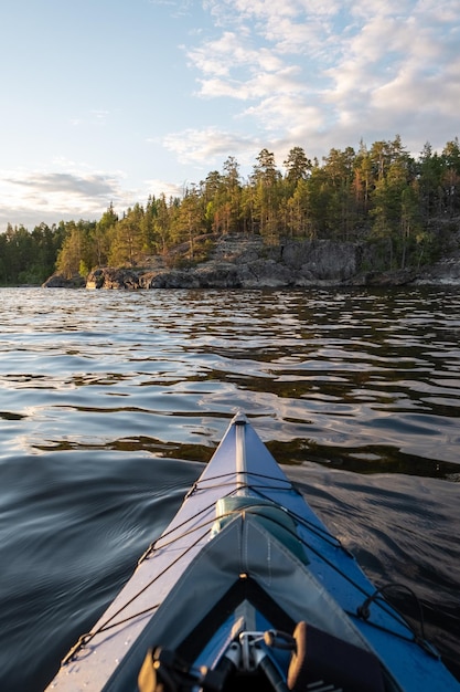 Ladoga lake Panorama of the Republic of Karelia Northern nature of Russia View from the blue kayak from the water