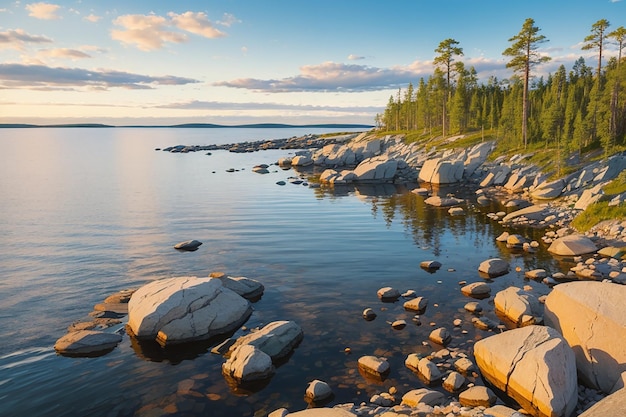 Foto parco nazionale delle scogliere di ladoga splendida vista sulle rocce e sul lago ladoga nella repubblica di karelia più grande lago d'europa