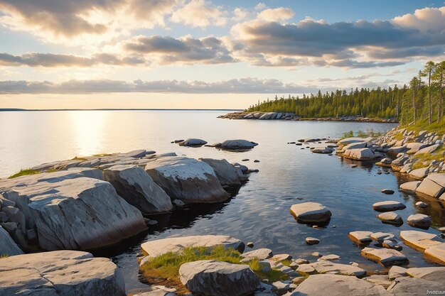 Foto parco nazionale delle scogliere di ladoga splendida vista sulle rocce e sul lago ladoga nella repubblica di karelia più grande lago d'europa