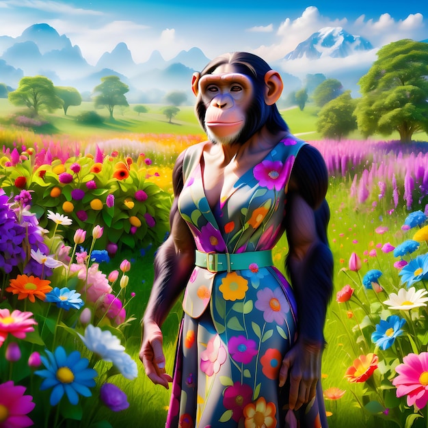 A lady Anthropomorphic Chimpanzee wearing an ecofriendly haute couture outfit is standing in a be