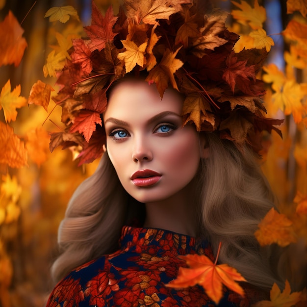 Lady autumn with fallen leaves in hair Season fall AI generative