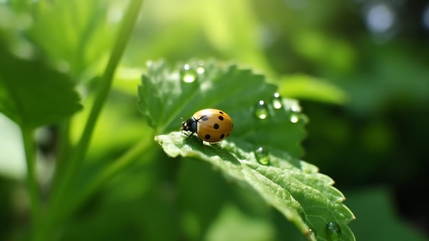a lady bug sitting on a leaf with water droplets