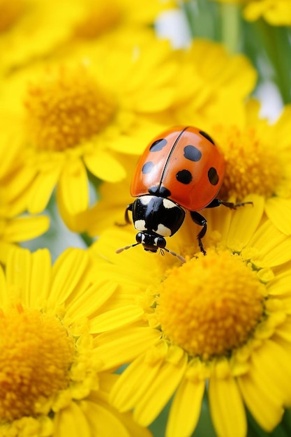 A lady bug sitting on top of a yellow flower