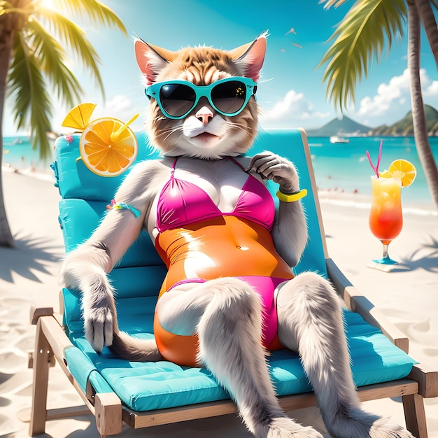 A lady cat is enjoying a relaxing vacation on a sunny beach she gazes out at the beautiful ocean an